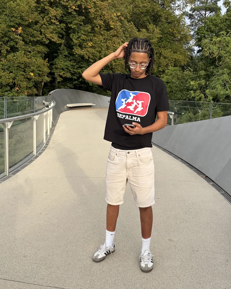 Depalma logo tee on the walkway